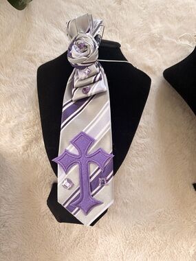 Gray and Purple Striped Scarf with Purple Cross Accent